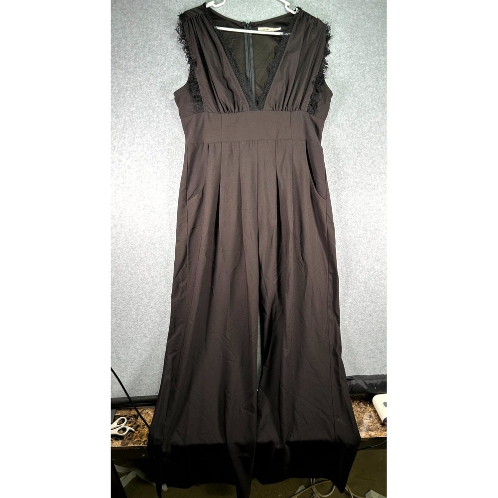 Mi Ami Jumpsuit Women Large Black Lace Trim Wide Leg Pleated Sleeveless Back Zip